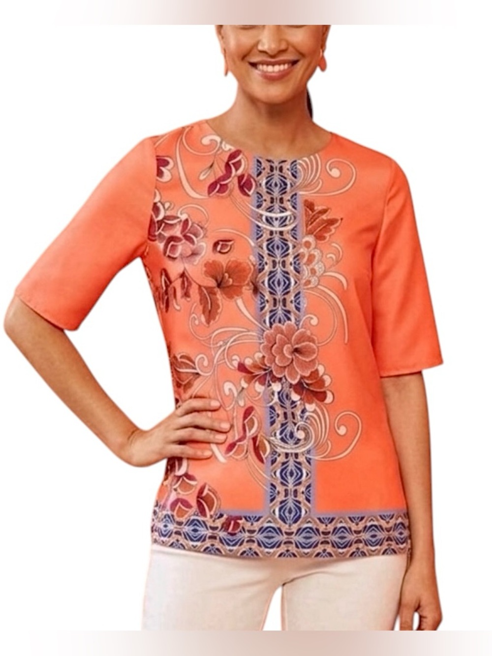 Chico's Lightweight Vibrant Coral Floral Satin Popover Blouse Size 16/18